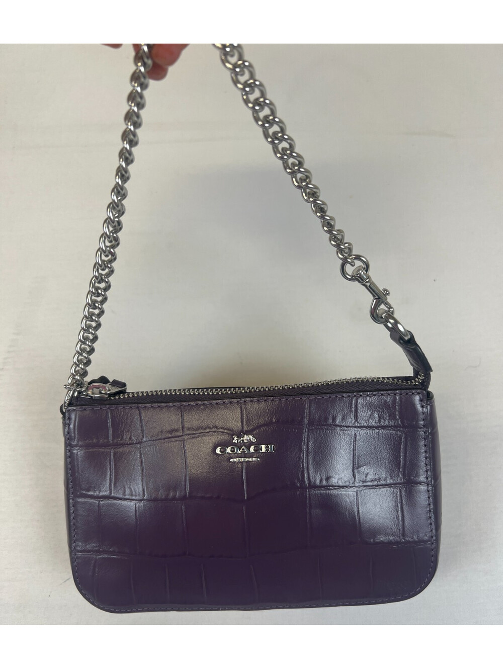 Coach Purple Croc Embossed Nolita 19 Leather Wristlet Bag Silver Hardware